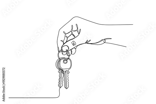 Continuous One Line Drawing of a Hand Holding House Keys for Real Estate and Home Ownership Concept