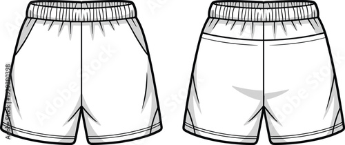 Two pairs of white shorts with black waistbands and drawstrings