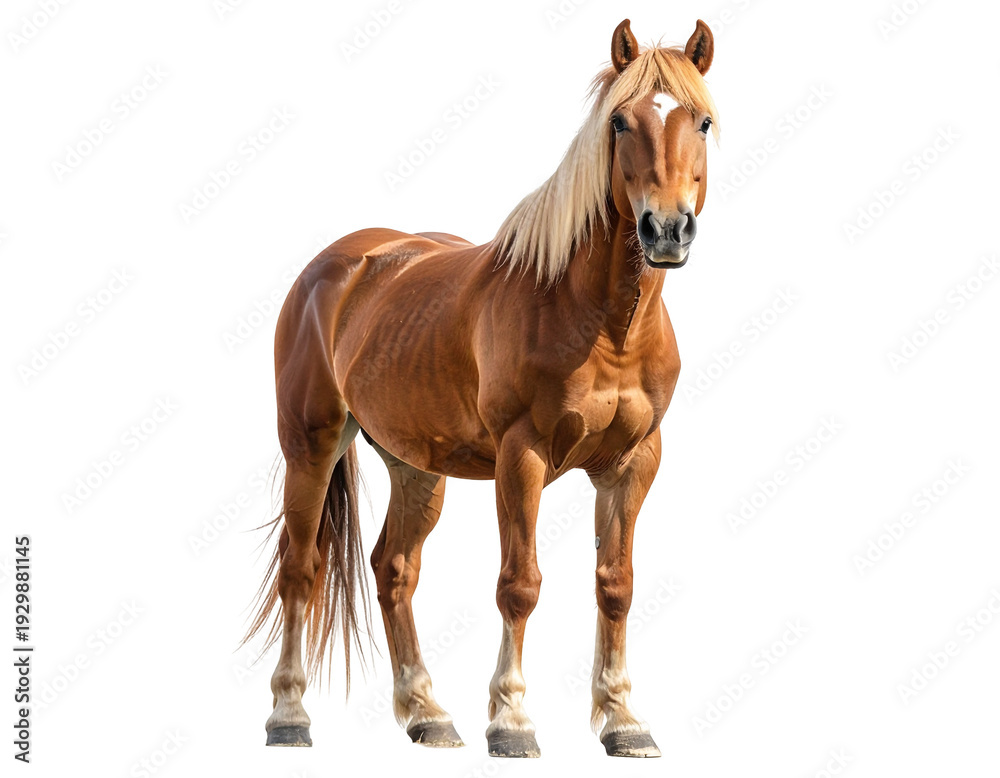 Obraz premium Trotting chestnut horse with flaxen mane standing