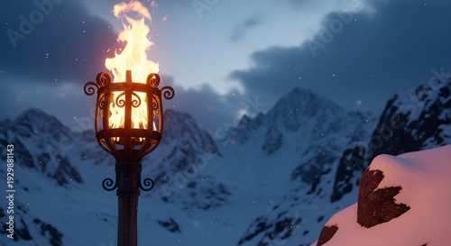 A lone torch illuminates a snowy mountain landscape under a starry sky.