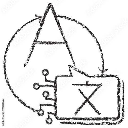 Vector icon of AI machine translation and natural language processing. Dark brown charcoal sketch on transparent background. Features language characters, arrows and a speech bubble