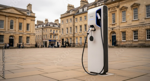 Modern EV Charging Station in a Historic European City Square on a Rainy Day
