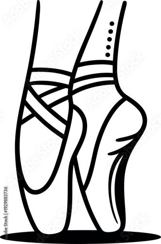 A pair of black and white pointe shoes with ribbons and a heel