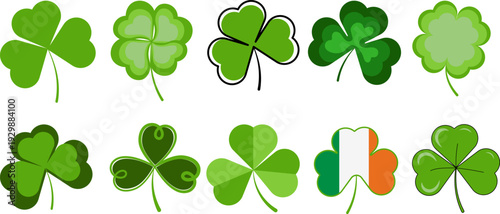 set Realistic green clovers isolated on transparent background. Saint Patricks Day