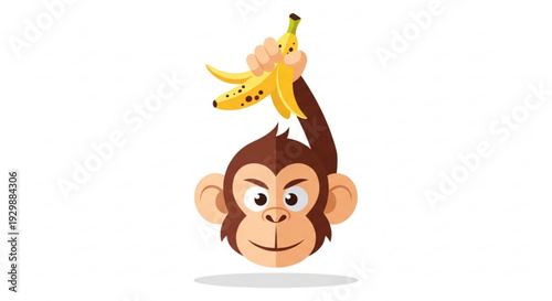 Cartoon monkey head with brown hair holding bananas on white background funny expression