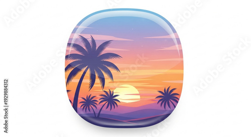 Tropical sunset with palm trees on a glossy rounded rectangle background