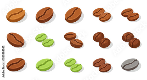 Coffee Beans Variety: Roasted, Green, and Decaf - Isolated on White Background