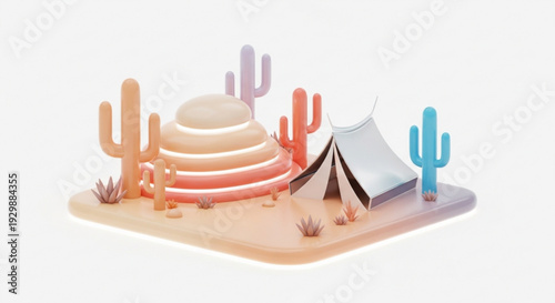 Desert landscape with tent cacti and sandstone formation evoking adventure and solitude in a serene natural setting