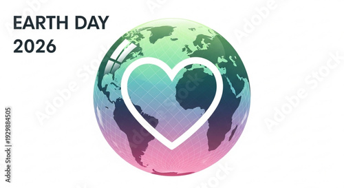Earth day 2026 logo with gradient globe and heart symbol environmental awareness concept colorful graphic design element