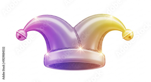 Shiny jester's hat in purple and gold with white background symbolizing fun and entertainment