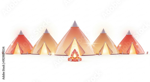 Warm glowing orange tents camping in the night with fire pit outdoors
