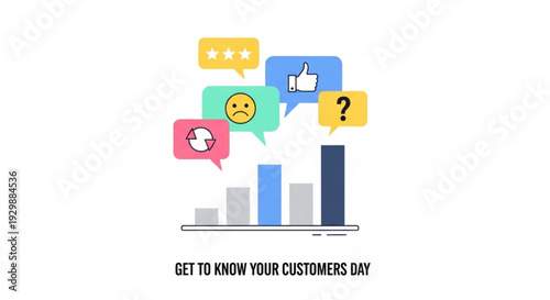 Get to know your customers day customer feedback and analytics on a laptop with emoticon speech bubbles
