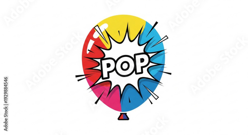 Colorful comic pop art balloon with explosive effect and pop text on white background
