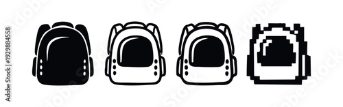 Backpack icon set for travel, school, and adventure in solid, outline, and pixel art styles