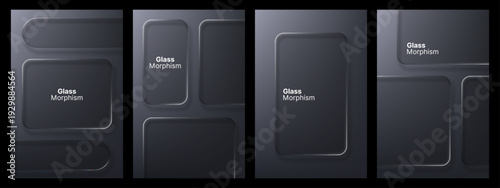 Dark background with various smooth, rounded opaque glass shapes. Modern glass morphism user display for website design and user interface.