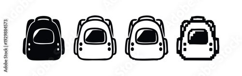 Minimalist rounded backpack icon set in solid, outline, and pixel art for clean designs
