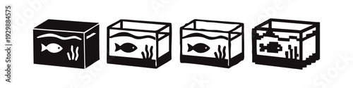 Isometric 3D and Pixelated Aquarium Fish Tank Icons Set
