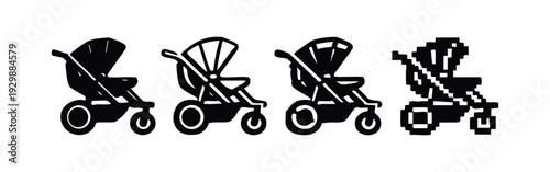 Modern baby stroller icon set with contemporary design variations and pixel art graphics