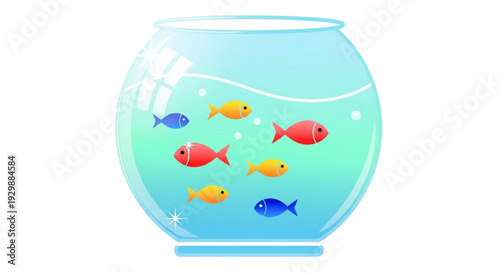 Colorful fish swim in a large glass bowl on a white background with blue and green water and bubbles rising to the surface