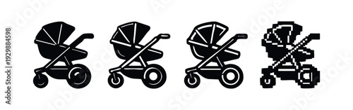Detailed classic baby carriage icon set with various styles and pixel art for nostalgic projects