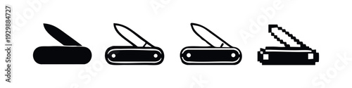 Set of Minimalist Folding Knife Icons with Open Blade in Various Styles