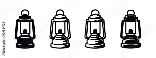 Vintage Oil Lamp and Hurricane Lantern Icon Set in Black and White Styles