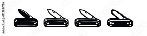 Diverse Collection of Open Folding Knife Icons in Black and White Vector Styles