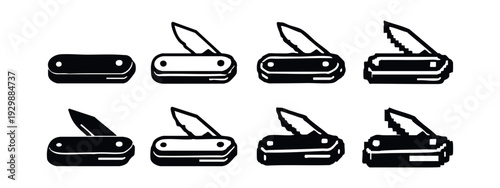 Collection of Folding Knife Icons in Closed and Open Positions, Diverse Stylizations