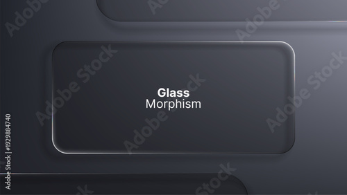 Modern glassmorphism digital design with frosted glass rectangle and abstract dark background. UI element featuring transparent frame and geometric lines for web graphics