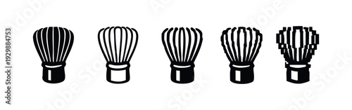 Set of stylized matcha whisk icons in black silhouette, representing various designs for traditional Japanese tea ceremonies.