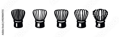 Collection of black silhouette matcha whisk icons, showcasing different artistic interpretations for green tea preparation.