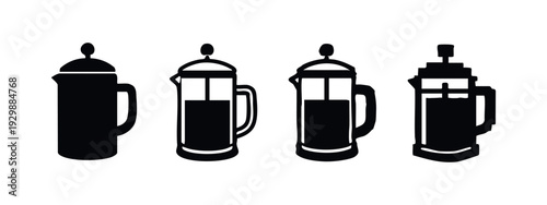 Four stylized French press coffee maker icons in black silhouette, depicting various designs suitable for cafe and kitchen use.