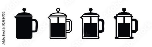 Set of stylized French press coffee maker icons in black silhouette, showcasing various designs for coffee and beverage concepts.
