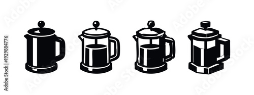 Assortment of black silhouette French press icons, presenting varied designs for coffee lovers and beverage industry graphics.