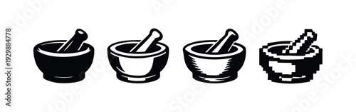 Mortar and Pestle Glyph Icons with Outline and Pixel Art Variations