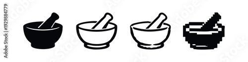 Mortar and Pestle Icons Set: Solid, Outline, Hand-drawn, and Pixel Art Styles