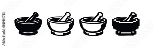 Mortar and Pestle Icon Collection with Filled and Outline Designs