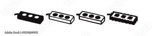 Power Strip and Extension Cord Icons Set. Electrical Outlet Symbols in Black and White Vector Illustration.