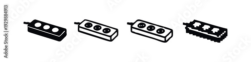 Power Strip and Extension Cord Icons with Pixel Art Variation. Black and White Vector Illustration.