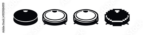 Set of Robot Vacuum Cleaner Icons with Depth. Smart Home Automation Black and White Vector Graphics.