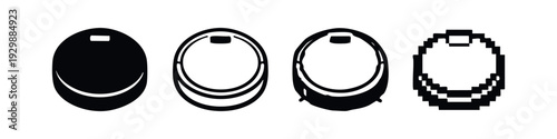 Robot Vacuum Cleaner Icons with Pixel Art Style. Smart Home Automation Black and White Vector.