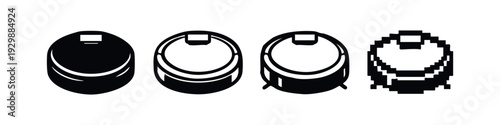 Various Robot Vacuum Cleaner Icons. Smart Appliance Black and White Vector Graphics Collection.