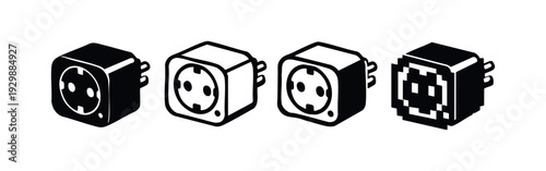 Isometric Electrical Socket Type F Vector Icons Set in Solid, Outline, Hand-Drawn, and Pixel Styles