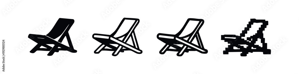 Fototapeta premium Stylized Folding Beach Chair Icons: Solid, Outline, Hand-Drawn, and Pixel Art Interpretations