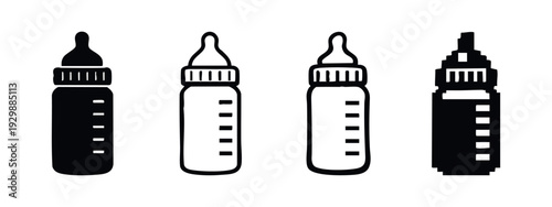 Classic Flat Design Baby Feeding Bottle Icon Set in Black and White