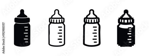 Diverse Flat Design Baby Bottle Icon Set with Modern and Pixel Art Styles