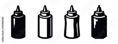 Collection of four shaded and glossy condiment squeeze bottle icons in modern 3D style vector illustration.