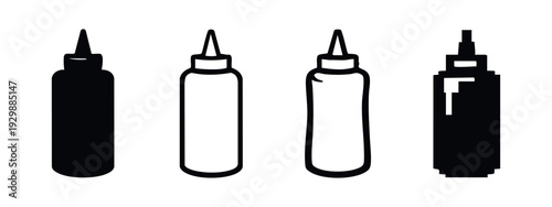 Set of four minimalist sauce or condiment squeeze bottle icons, featuring solid black and outlined designs.