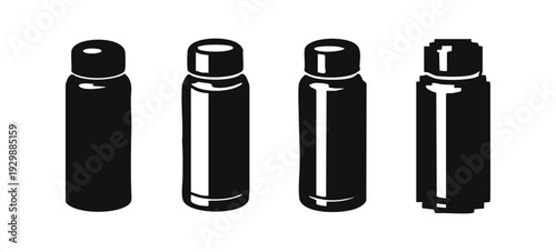 Cropped bottom parts of four shaded cylindrical tube container icons in modern 3D style, packaging elements.