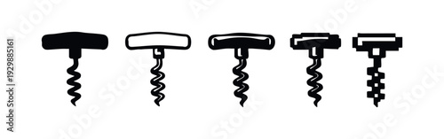 Set of black corkscrew icons in various styles, vector illustration for wine and bar tools.